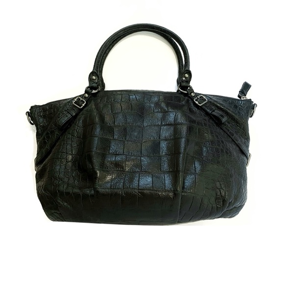 COACH BLACK CROC PRINT LEATHER ZIP CLOSURE TOP HANDLE SILVER BUCKLE PURSE BAG - Picture 2 of 12